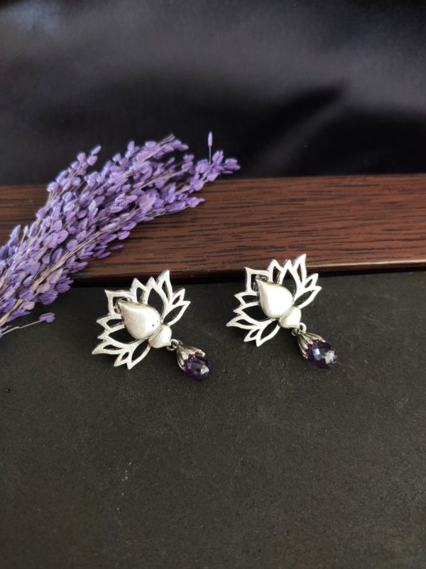 Lotus Earrings with Amethyst Drop - Image 3