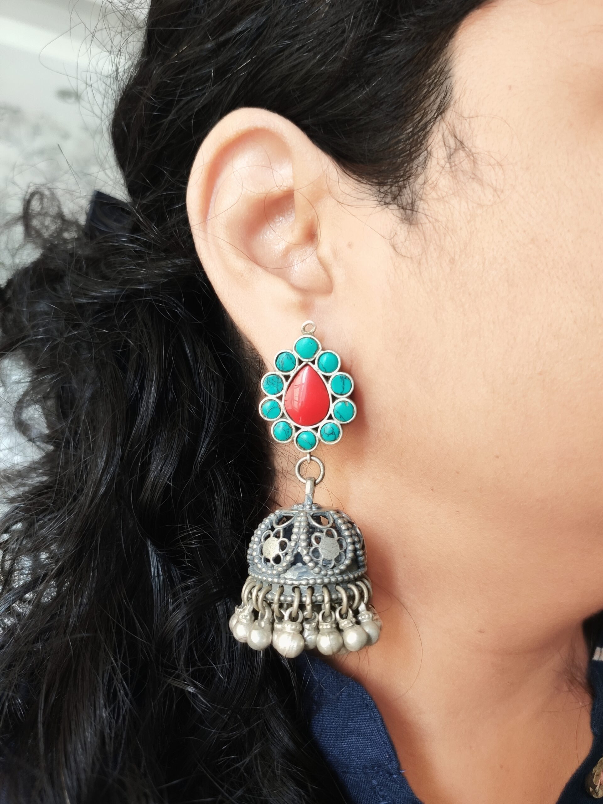 Coral and Turquoise Jhumka