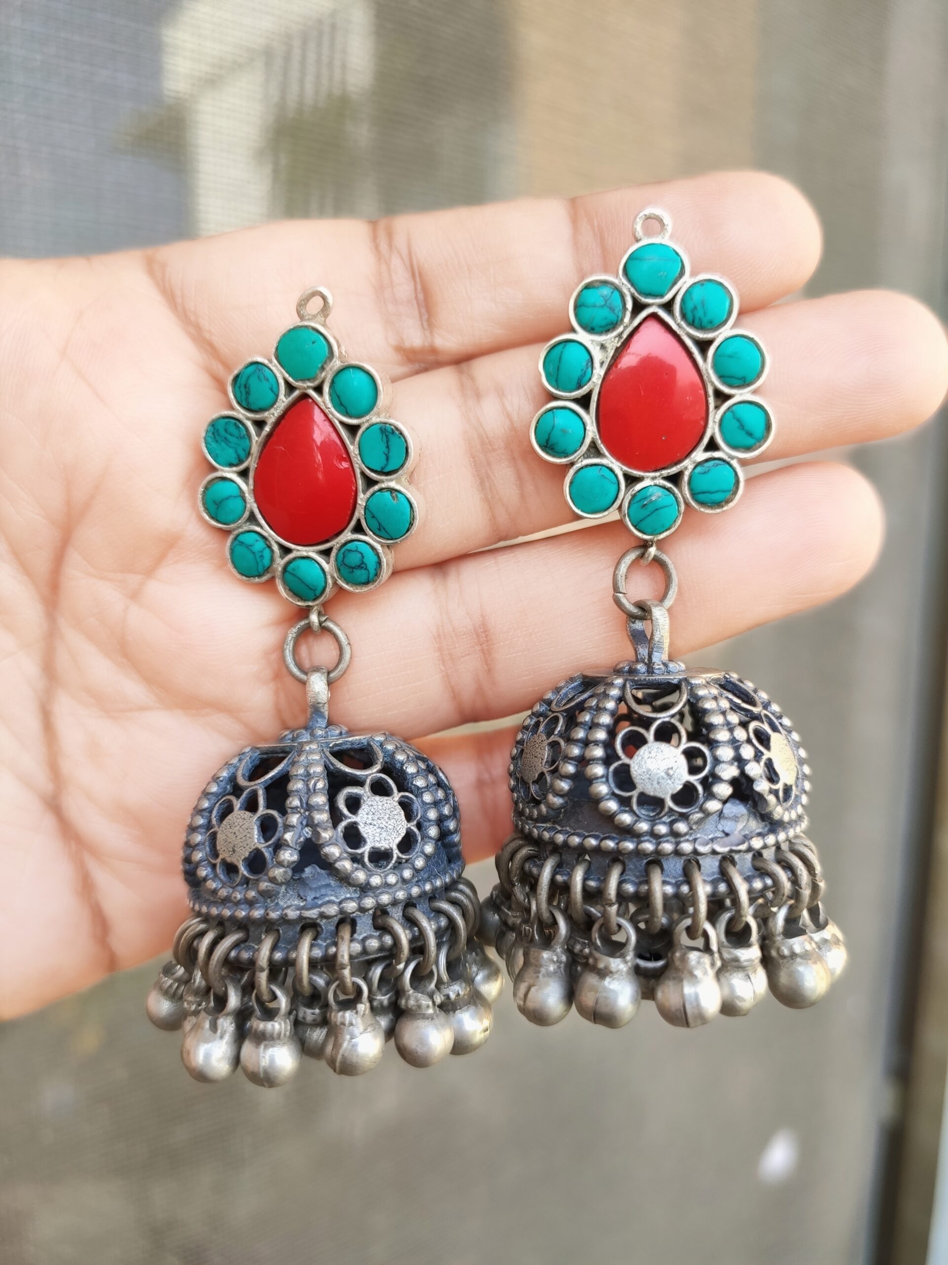 Coral and Turquoise Jhumka