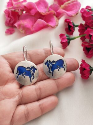 Pichwai Cow Hand Painted Earrings- Blue