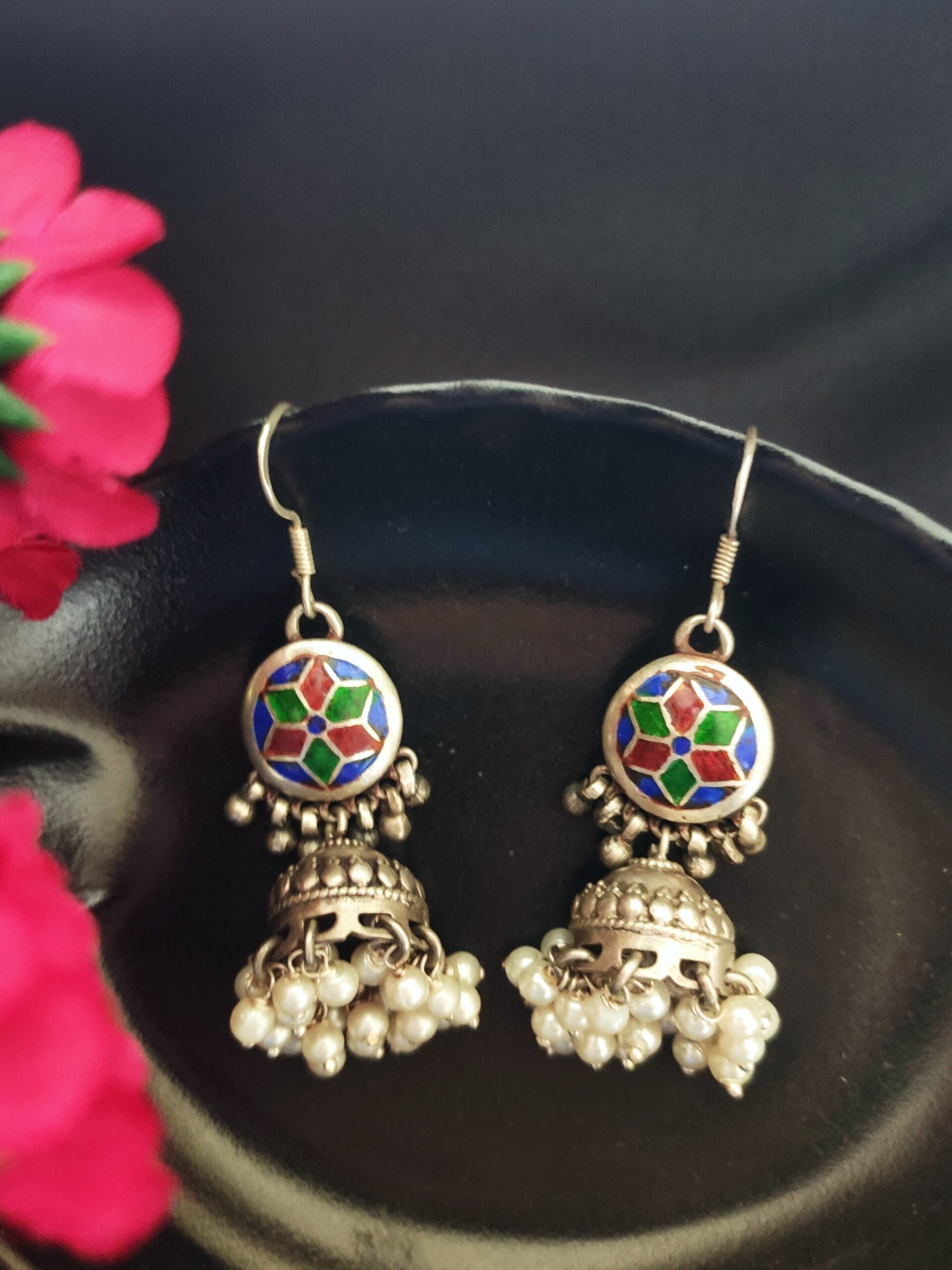 Handpainted Jhumkis with Pearl Drops