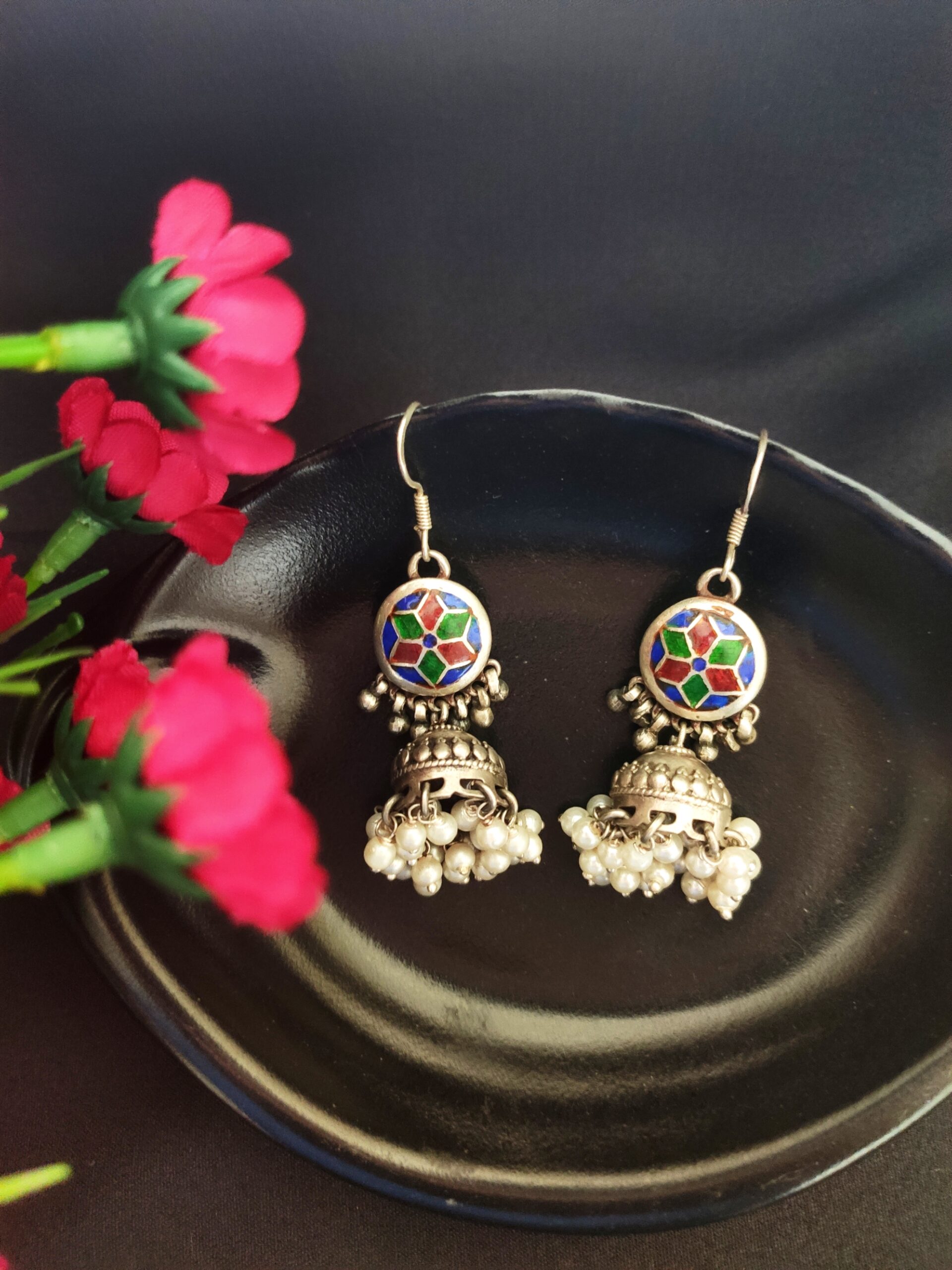 Handpainted Jhumkis with Pearl Drops