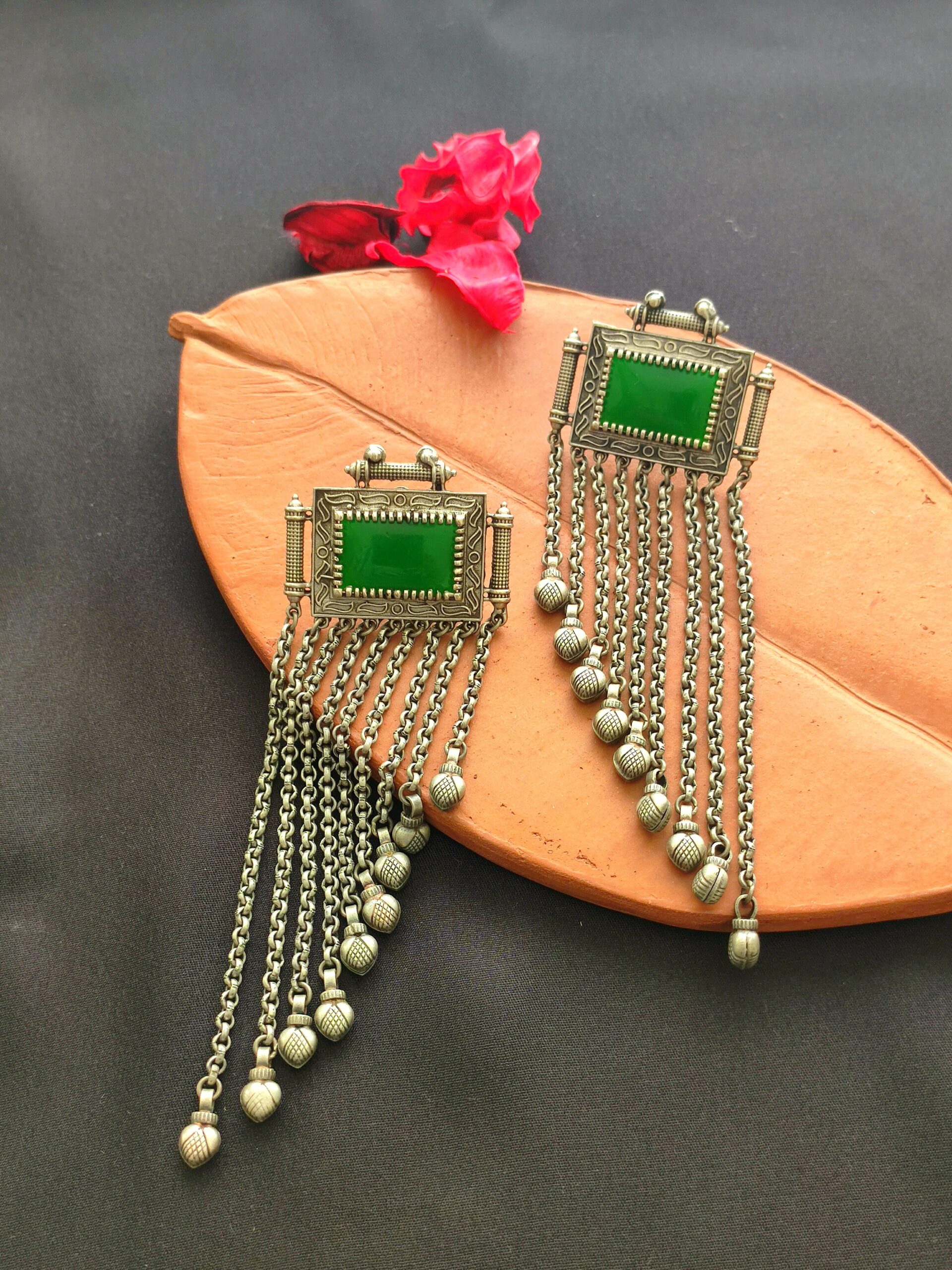 Statement Green Onyx Danglers with Chains