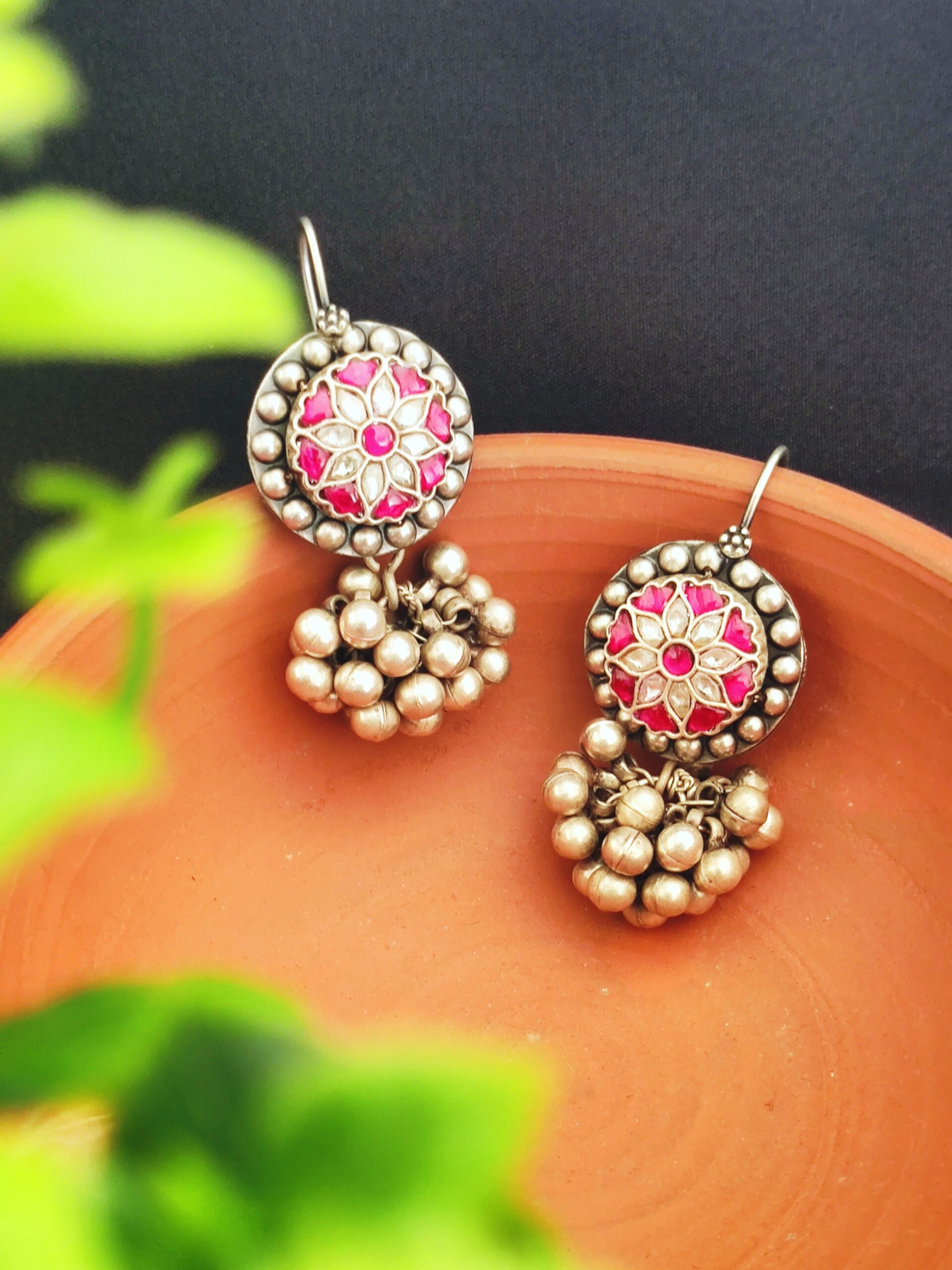 Aabhaa – Ghungroo Bunch Earrings – Pure Kundan (Rani Pink)