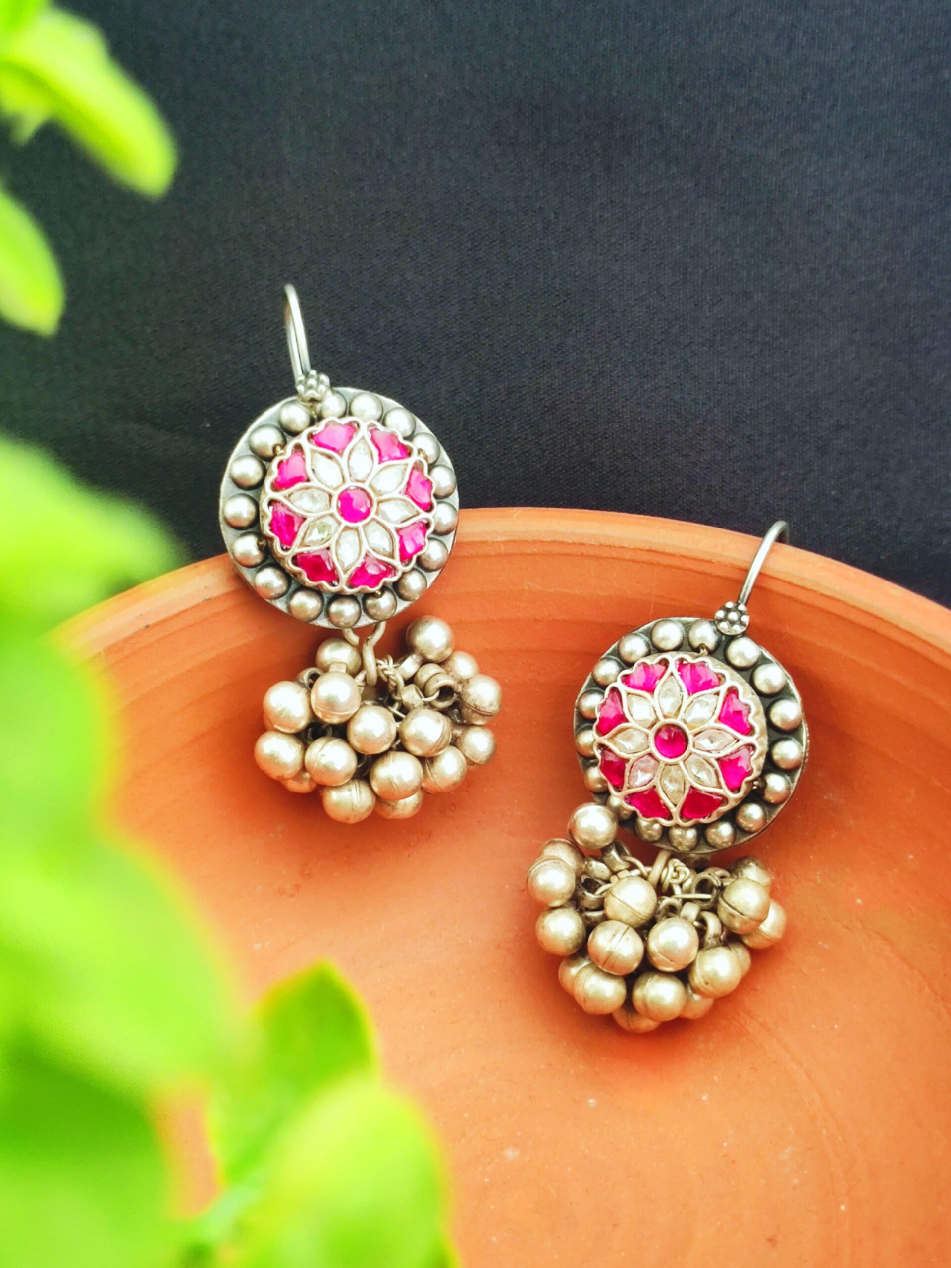 Aabhaa – Ghungroo Bunch Earrings – Pure Kundan (Rani Pink)