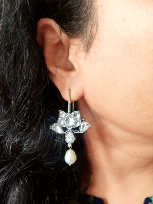 Papeeha’s Signature Lotus Kundan Earrings with Fresh Water Pearls-White