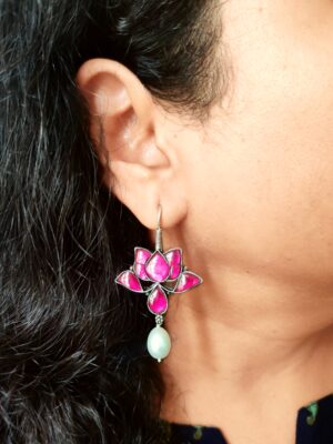 Papeeha’s Signature Lotus Kundan Earrings with Fresh Water Pearls-Pink